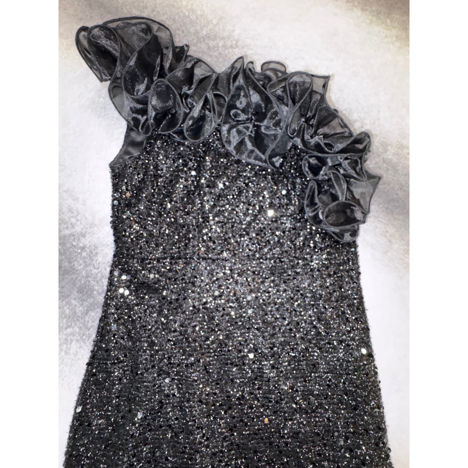 (A3) SHEIN Belle Black Sequin One Shoulder Ruffle Mini Dress Womens Size M NWT