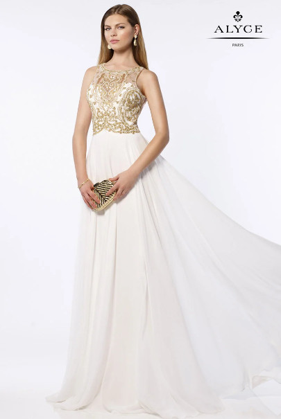 NWT Alyce Paris Gold Beaded Cutout Back Gown Dress Sz 000 White Sweep Train