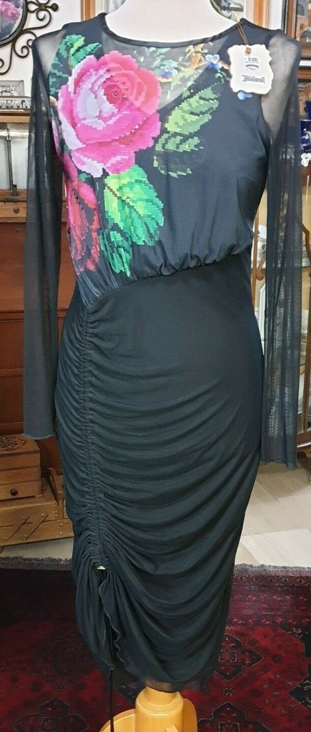 Michal Negrin Sexy Sculpt Black Dress w Big Flowers NWT Size “M”