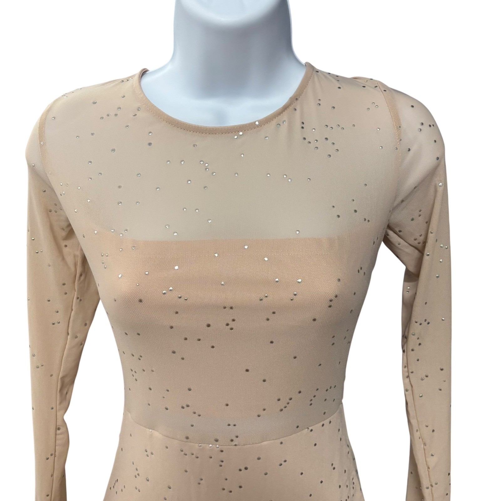 Nude Rhinestone Long Sleeve Small Mesh Mini Dress Bodycon Party Homecoming