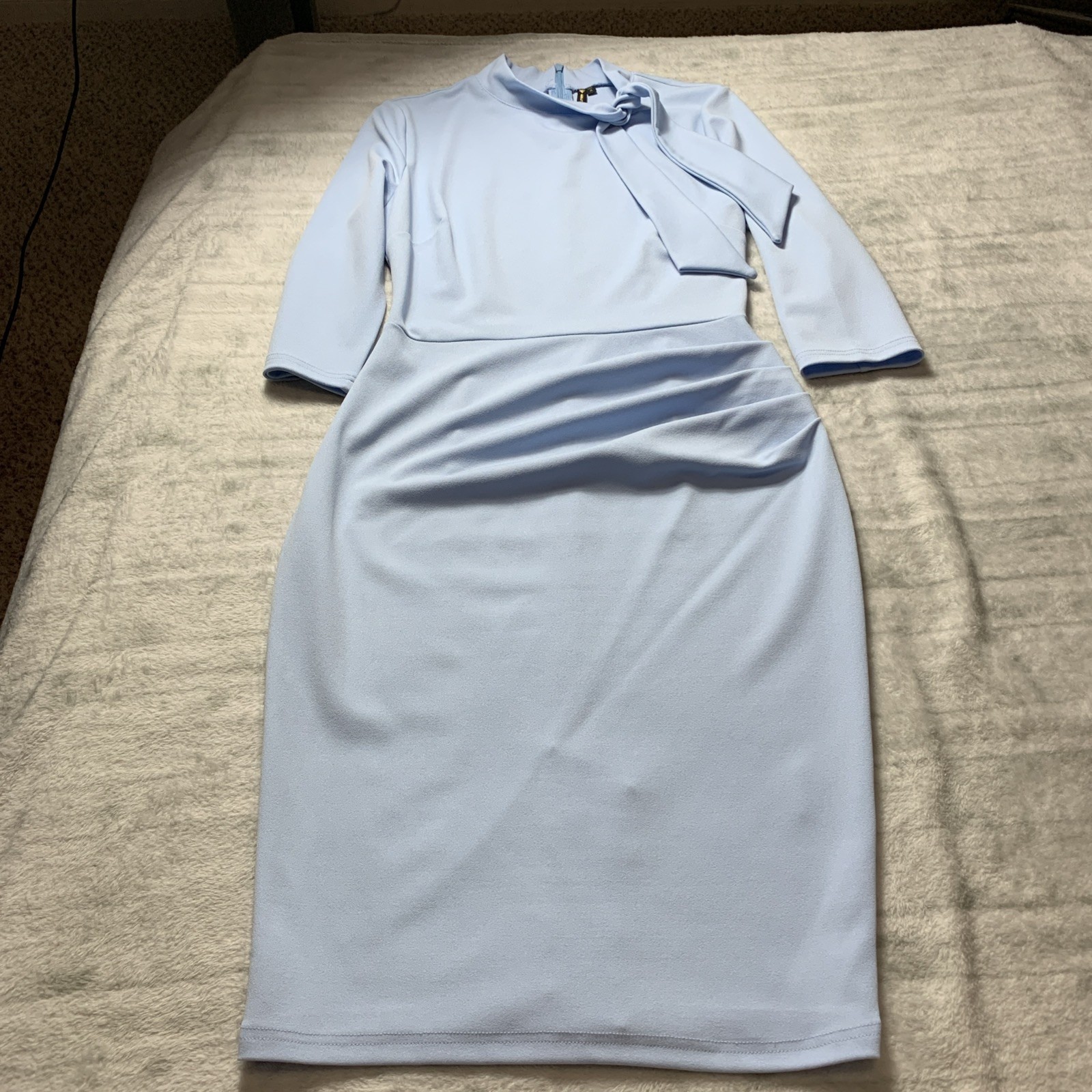 MIUSOL Classic Office wear, 3/4 Sleeve Dress Sky Blue Size M, tie neck