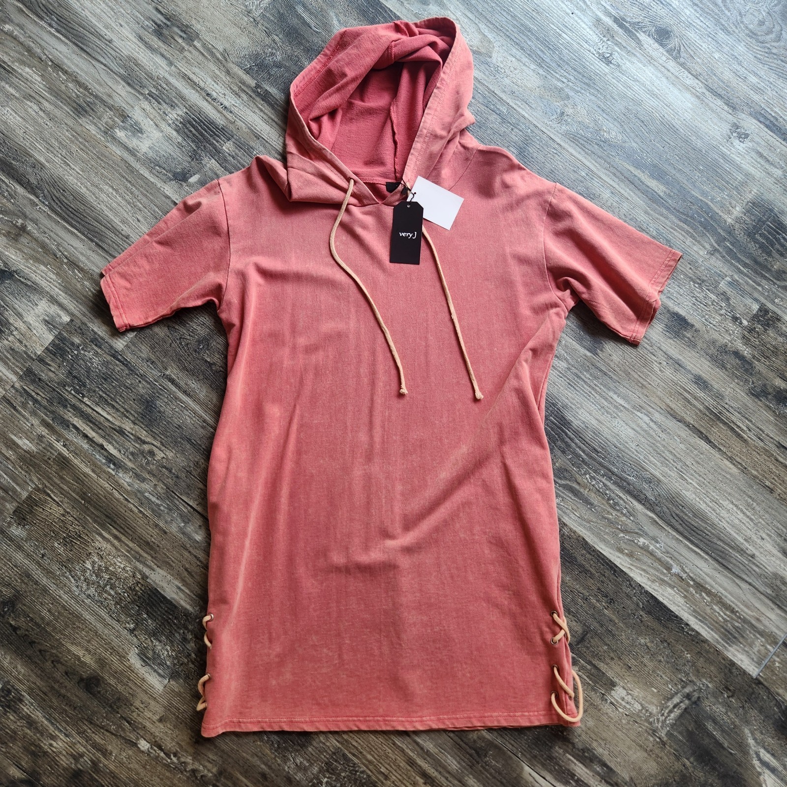 Hoodie Dress L Athleisure Streetwear Sporty Short Sleeve Pockets NEW