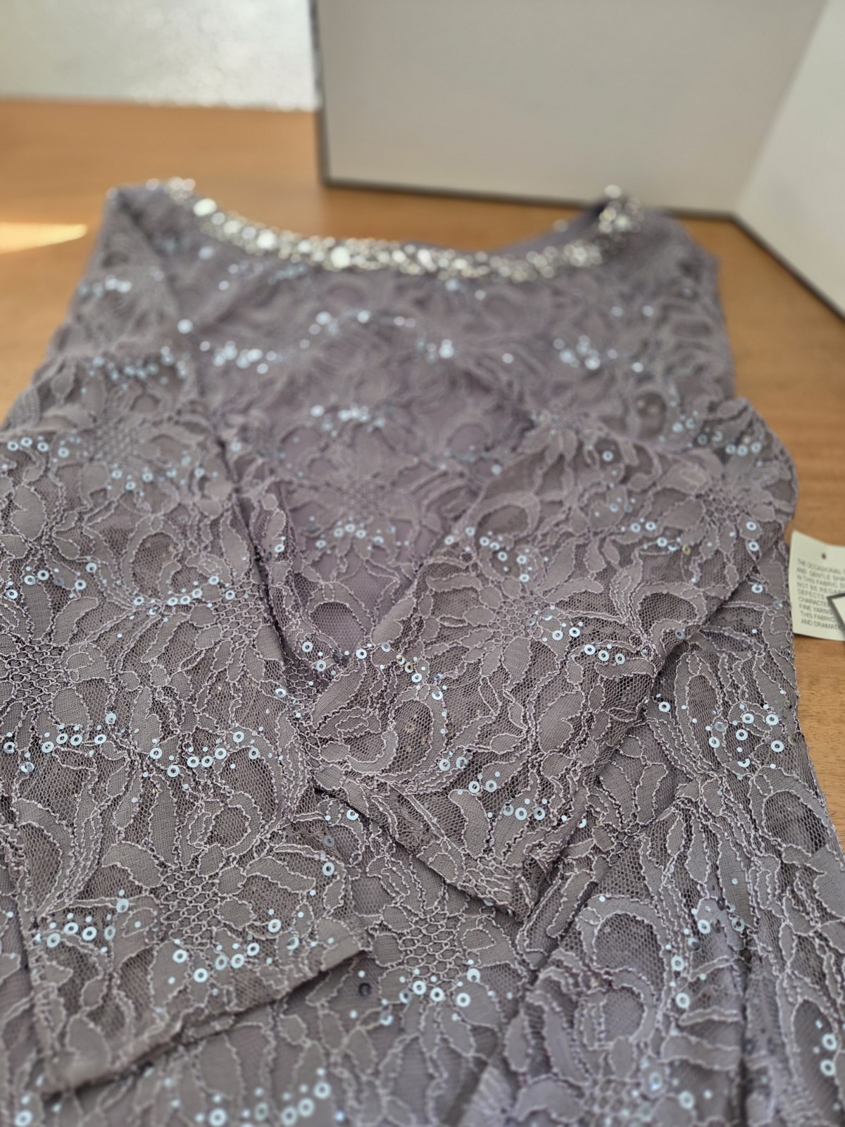 Jessica Howard Gray Lace Sequence Midi Dress Size 12 3/4 Sleeve Beaded Neck…