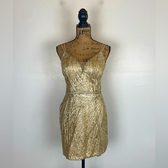 Dancing Queen Sequin Mini Dress L Gold Padded V-Neck Sexy Glam Cocktail Party