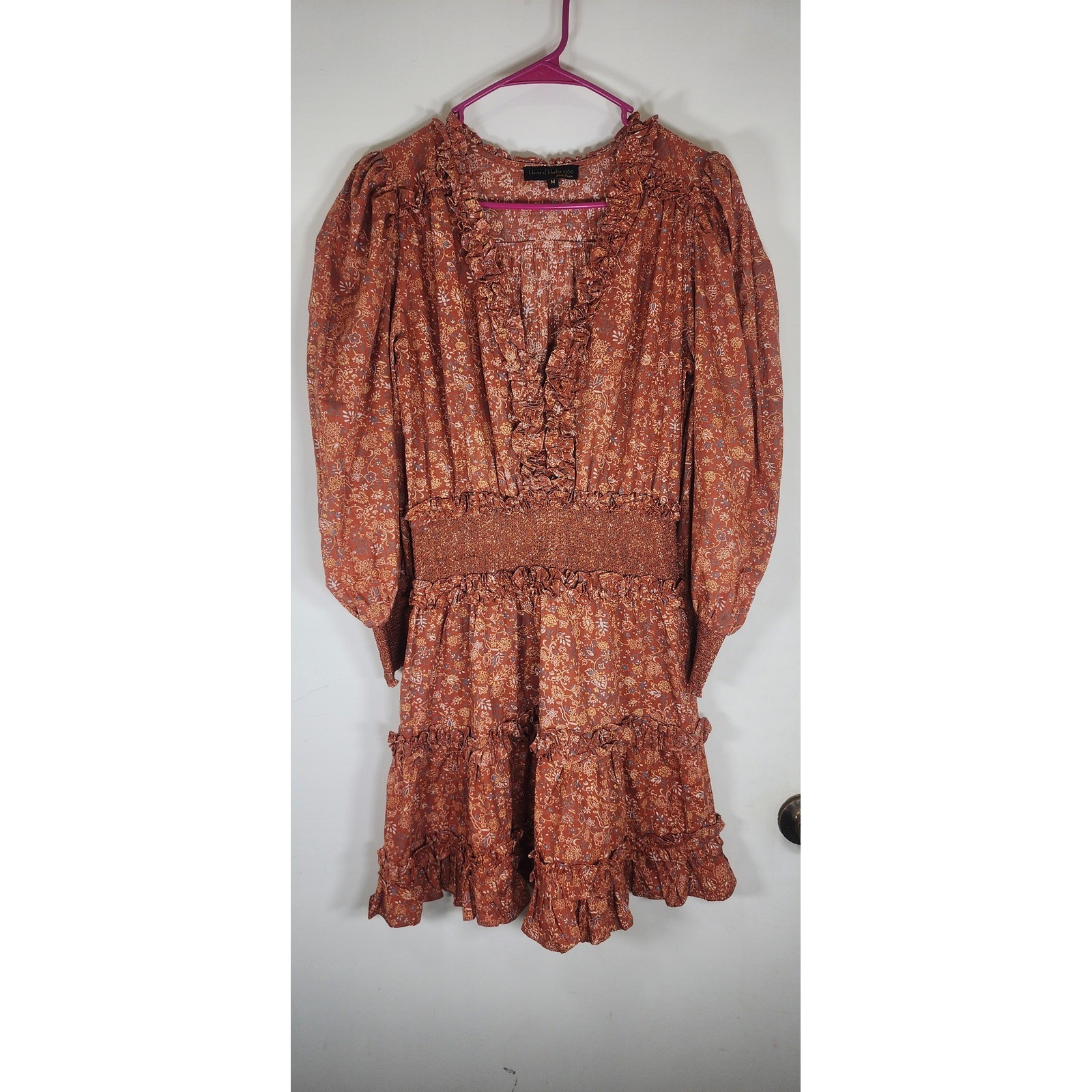House of Harlow 1960 Nicole Richie Rust Floral Smocked Mini Dress Womens Medium