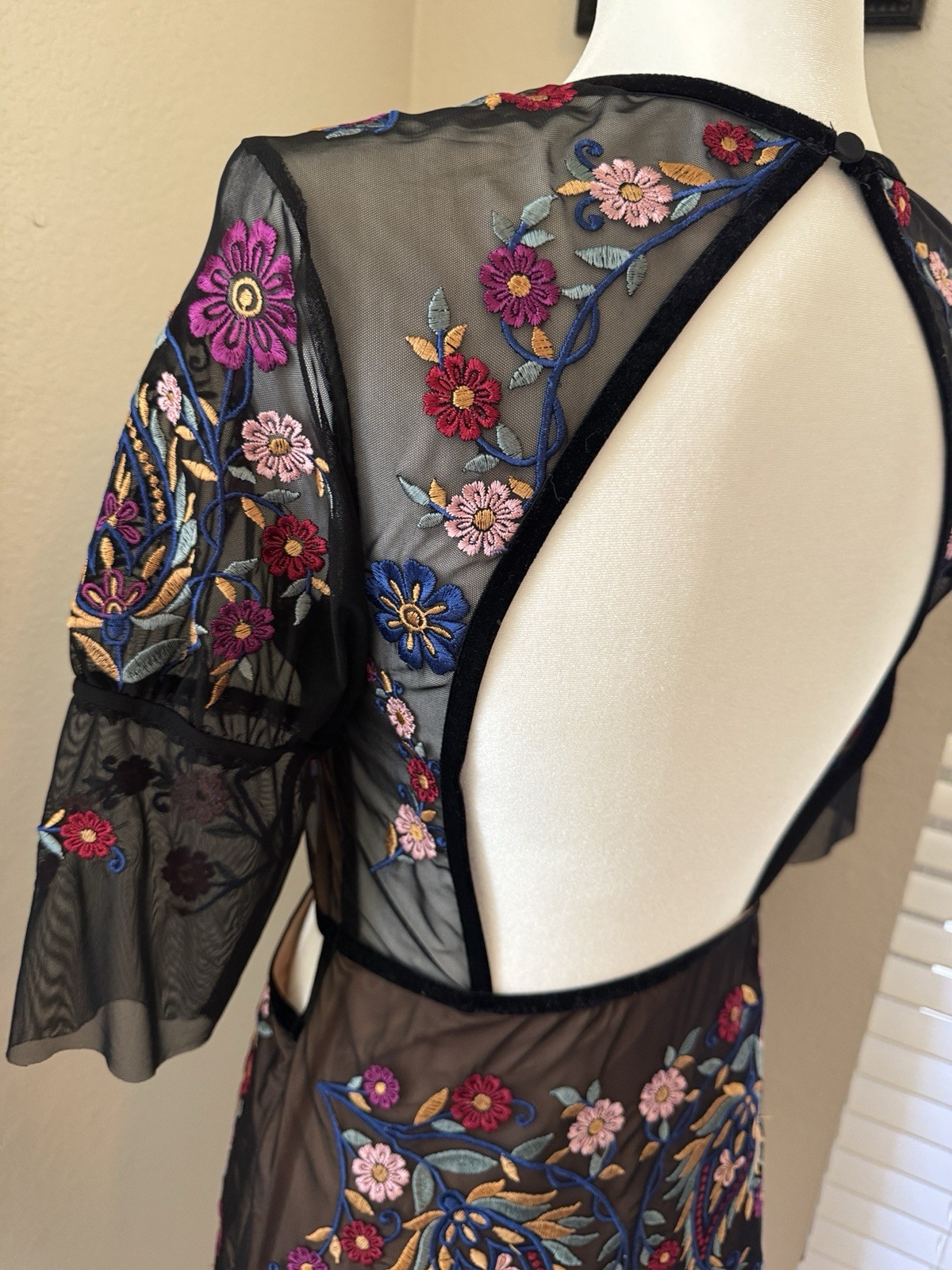 NWT For Love & and Lemons Ester Mini Dress Black Mesh Embroidered Medium Floral