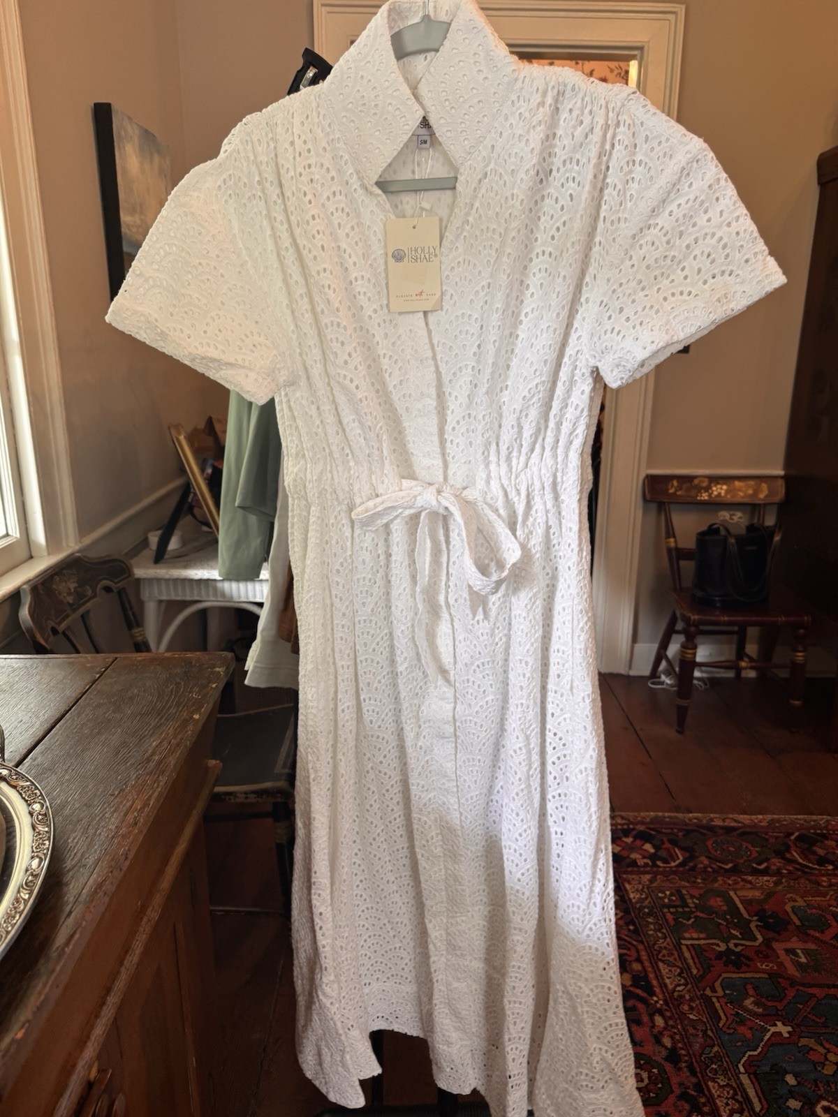 Holly Shae White Eyelet Collared Shirt Dress Bria S/M Cap Sleeve Belted Midi NWT