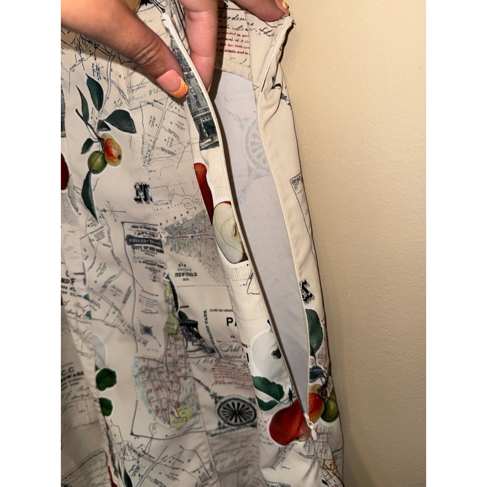 NYC Map Apple Print Pinafore Mini Dress Silver Buckle Straps Cream Sleeveless S