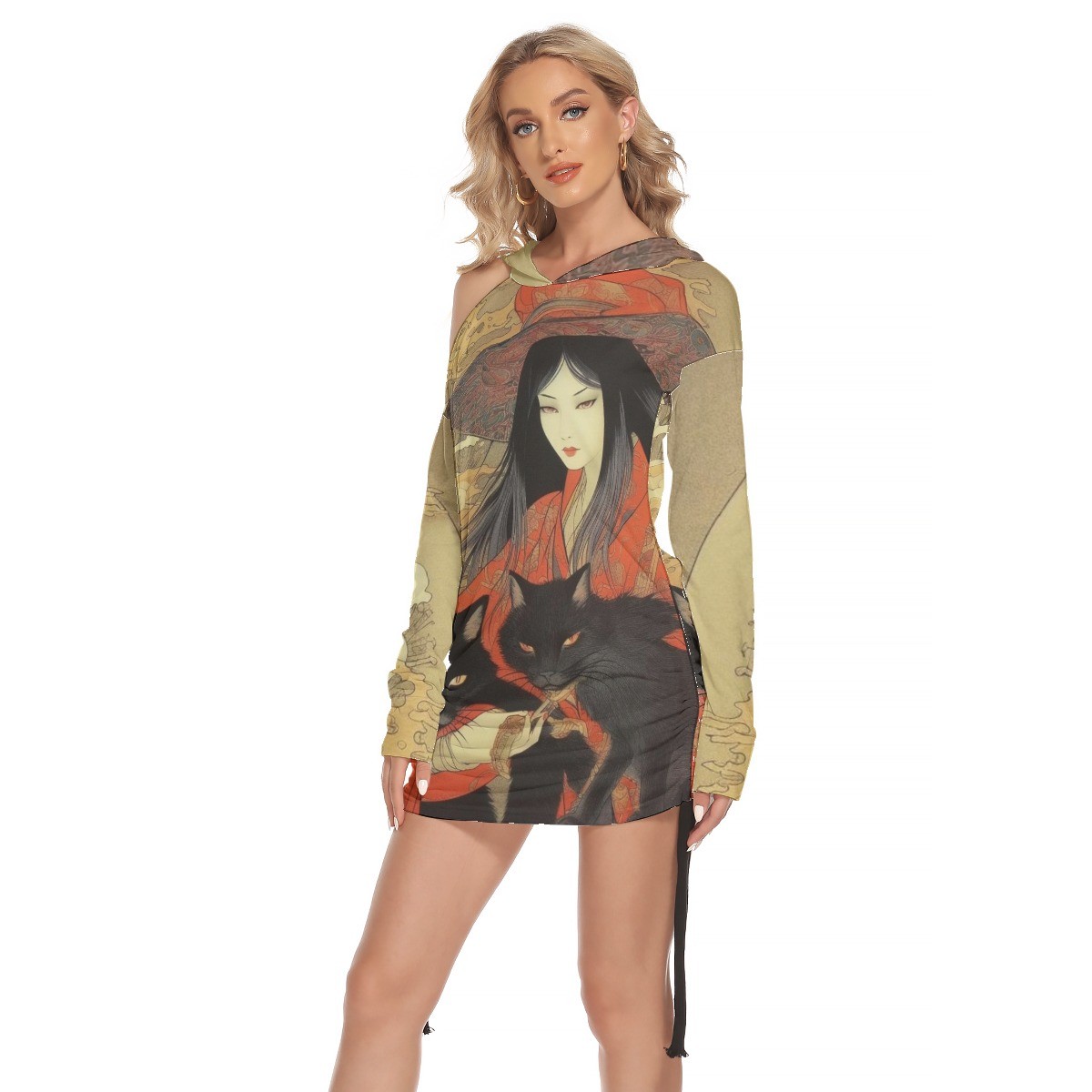 Witchy Black Cats One Shoulder Mini Dress, Cat Geisha Ukiyo-e Japanese Art Dress