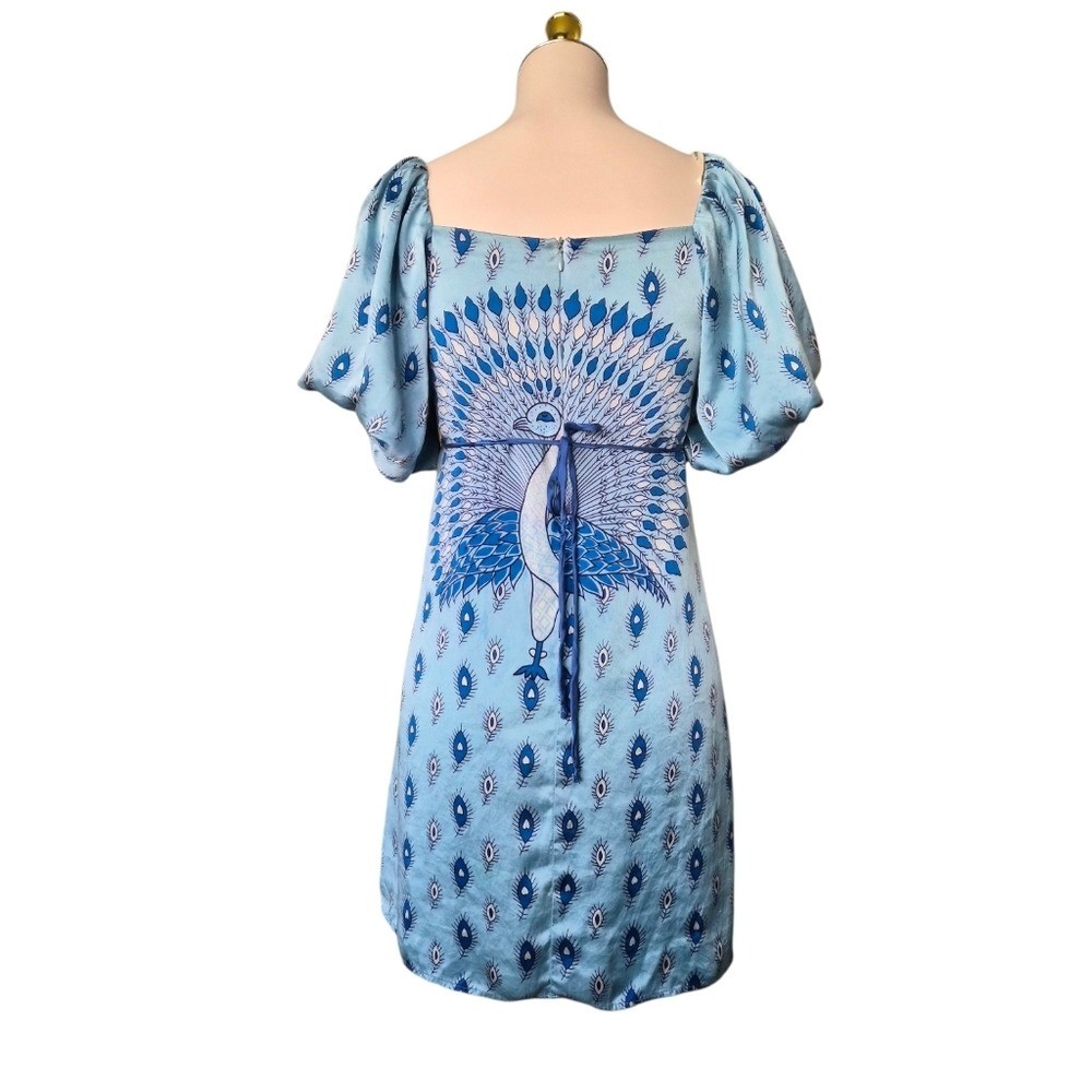 Voom by Joy Han 100% Silk Peacock Dress Size S Blue Puff Sleeve Made USA