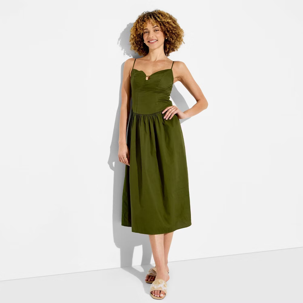 Women Keyhole Poplin Midi Dress – Wild Fable Green M