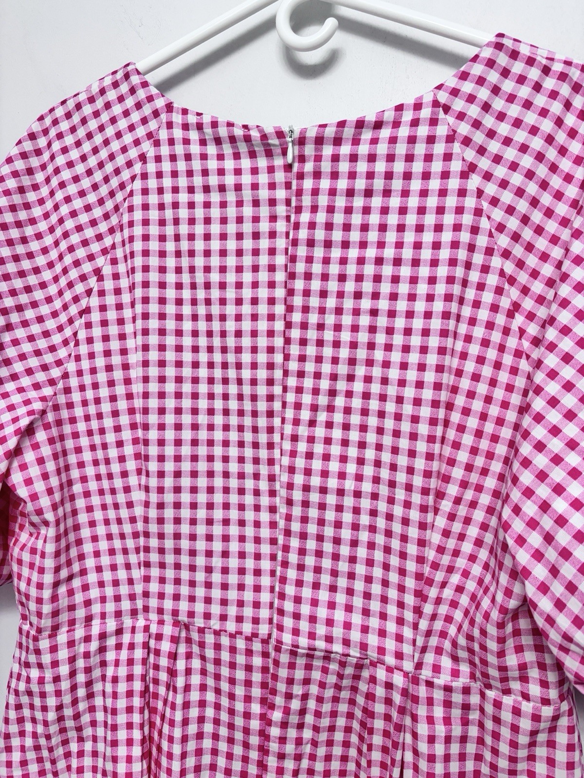1 State Pink White Checked Pleated Lined XL Dress Baloon Sleeve 44 Bust 36 Waist