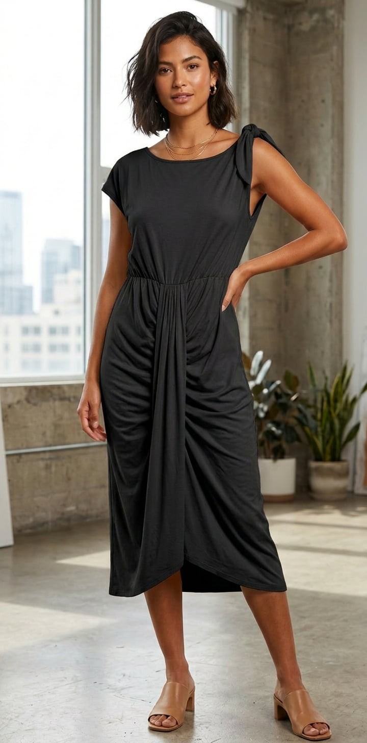 Crew Neck Cap Sleeve Ruched Draped Midi Sheath DressBoutique Dress