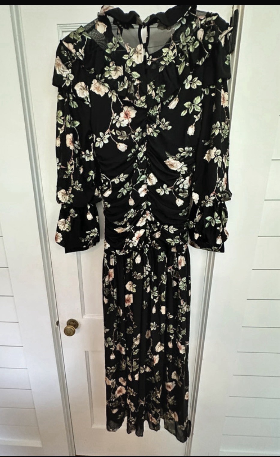 Current Air Black Multicolor Floral Ruched Chiffon V-Neck Midi Dress M