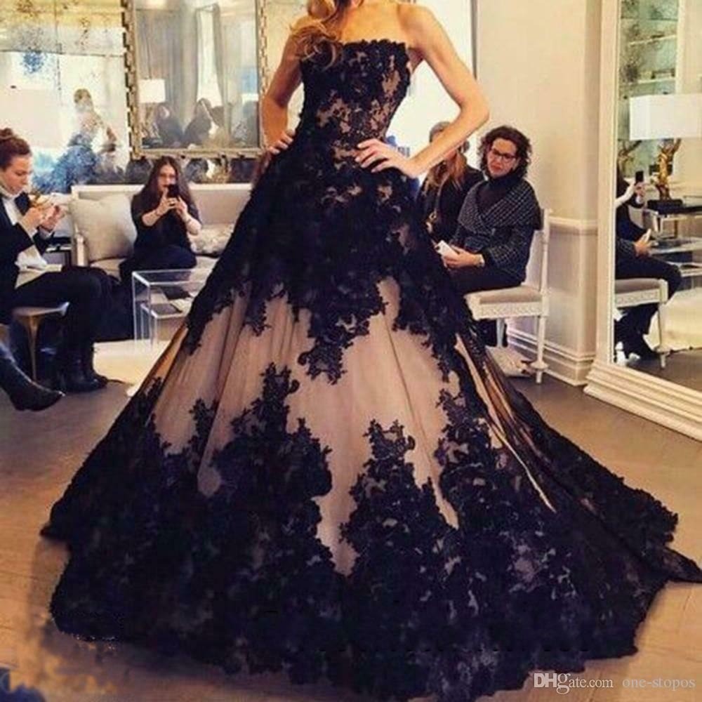 Gothic Lace Wedding Dresses Black and Champagne Sleeveless Bridal Ball Gowns