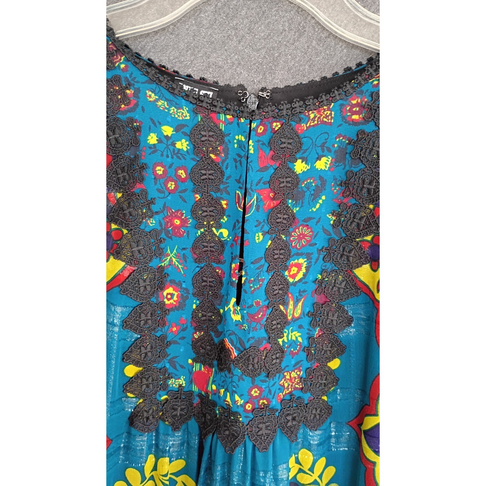 Anna Sui Teal Blue Boho Floral Crochet Lace Bell Sleeve Dress S Silk Details