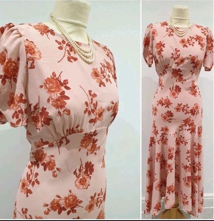Vintage 1930s 1940s style Pink Rose Bias Cut Midi Maxi Wedding Dress UK Size 16