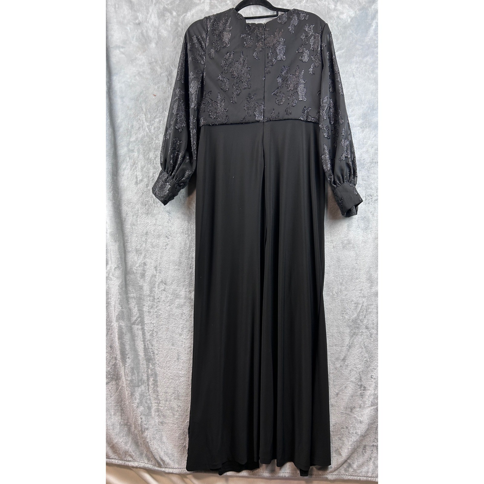 Nightway Dress Black Metallic Floral Bishop Sleeve Gown Rhinestone Buckle 14P