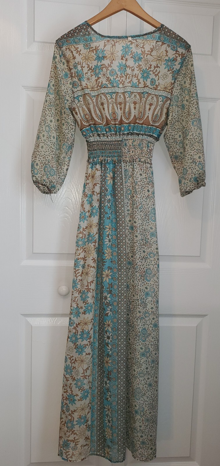 Boho Resort Maxi Dress Fiji XL Smocked Waist Tassel Tie Patchwork Print