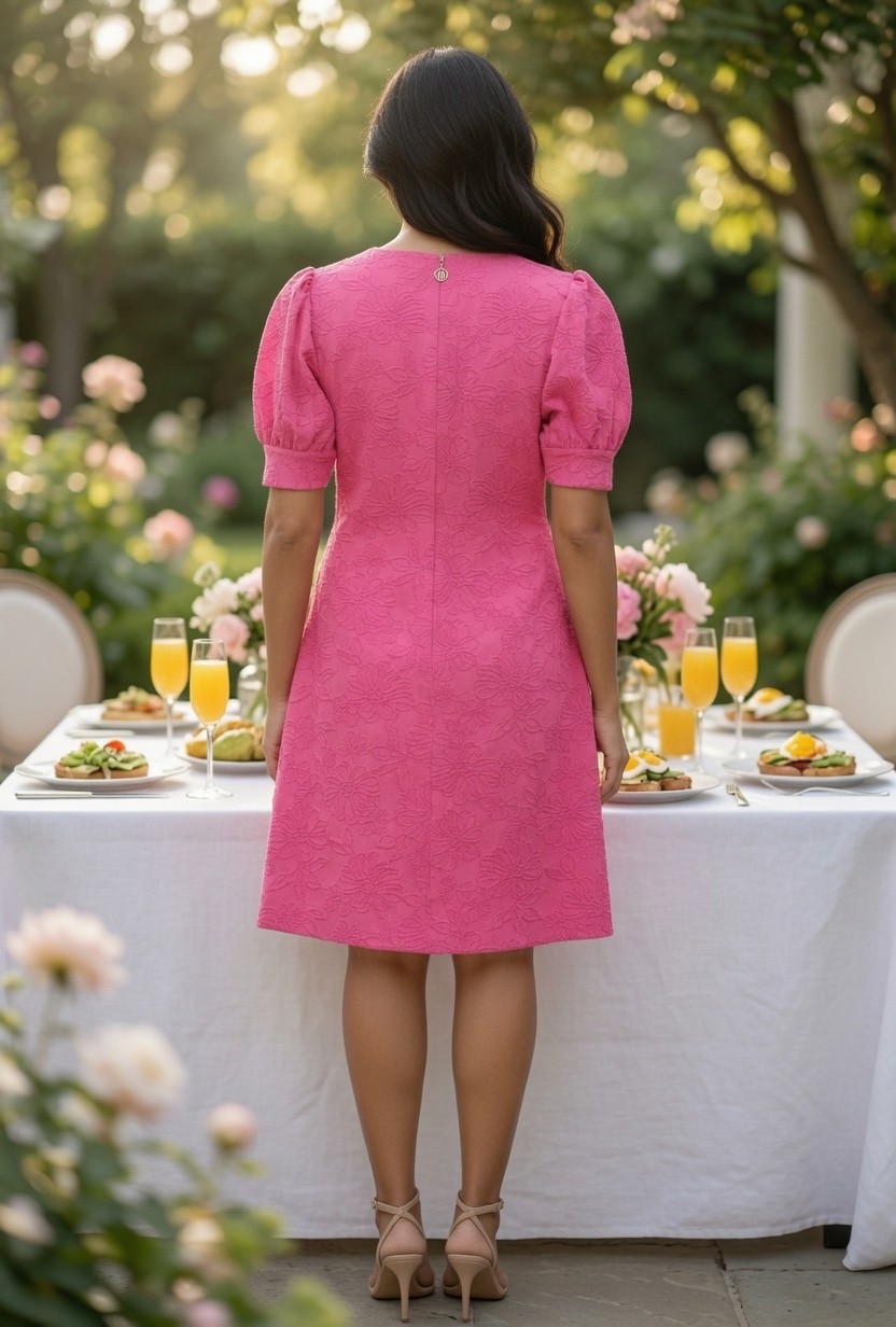 NWT Tommy Hilfiger Blossom Jacquard Puff Sleeve Dress Pink V-Neck Sz 12 Floral