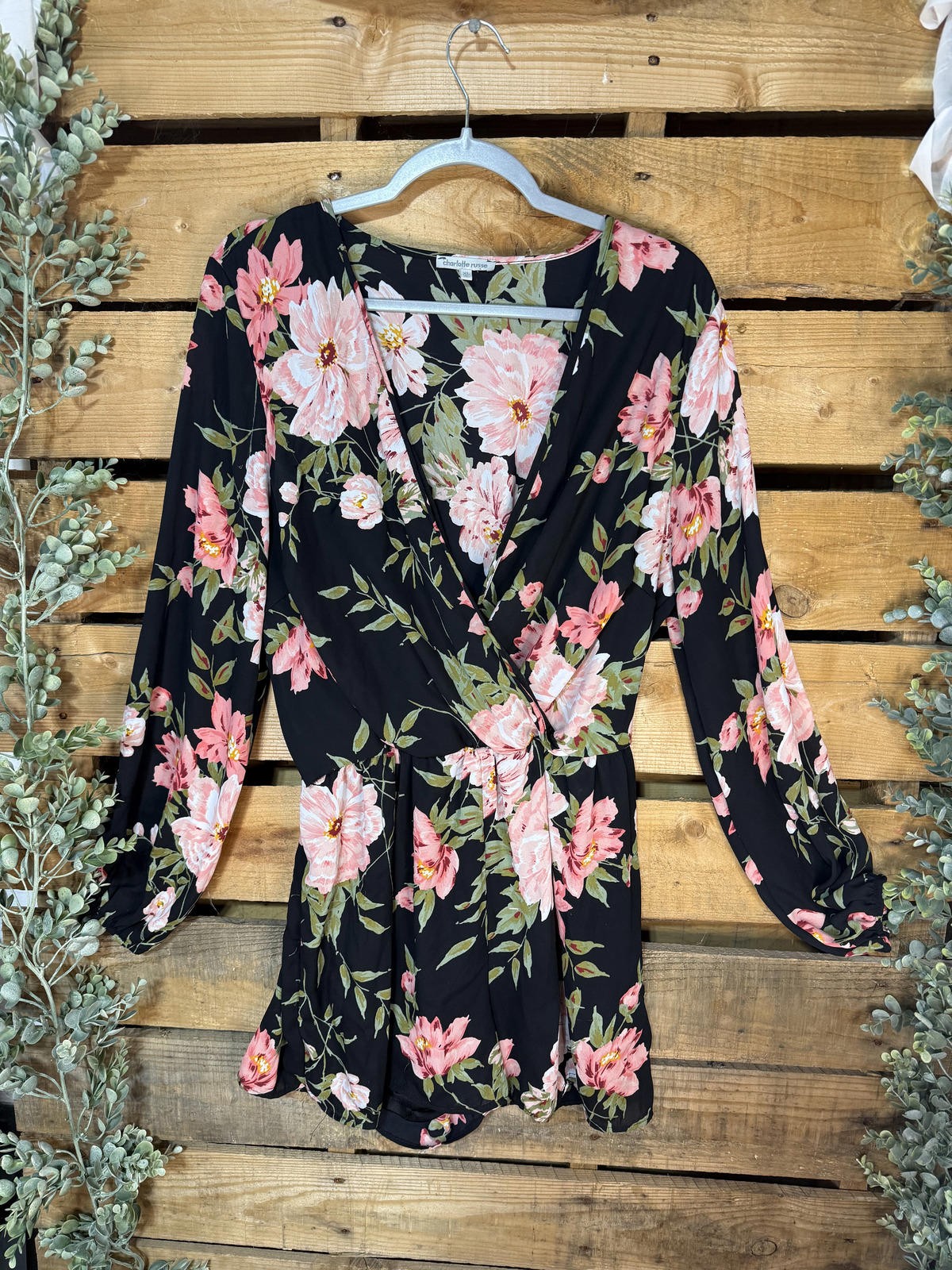 Charlotte Russe Black Floral Long Sleeve Romper Dress XL