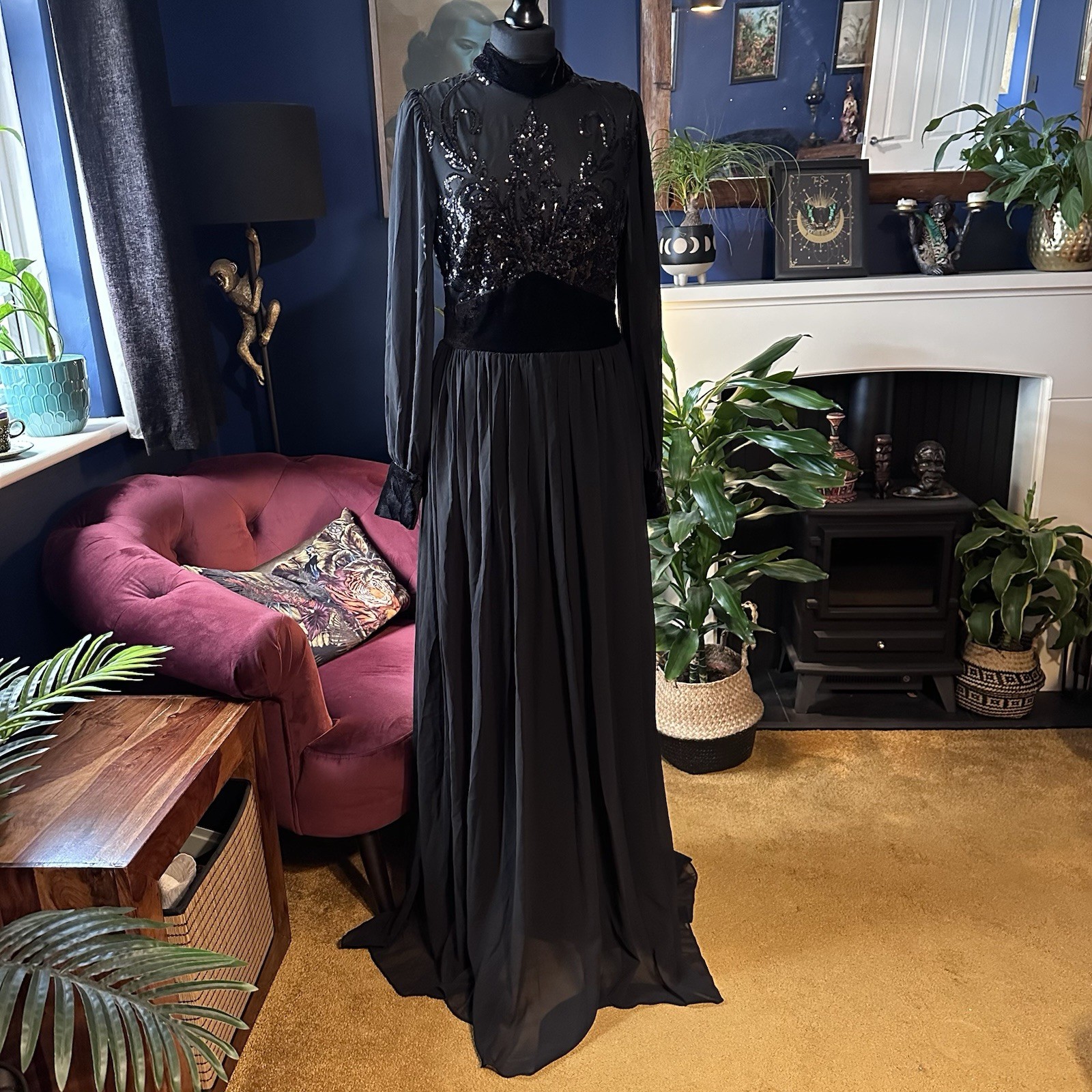 Goddiva London Black Sequin Chiffon Maxi Dress Velvet Gothic Evening Size 12