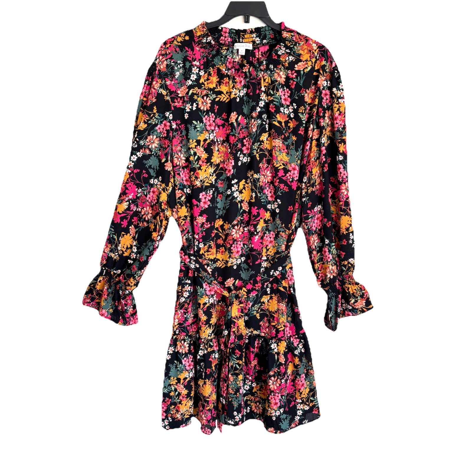 Ophelia Roe Sz 1X Belted Dress Black Floral Long Bell Sleeves