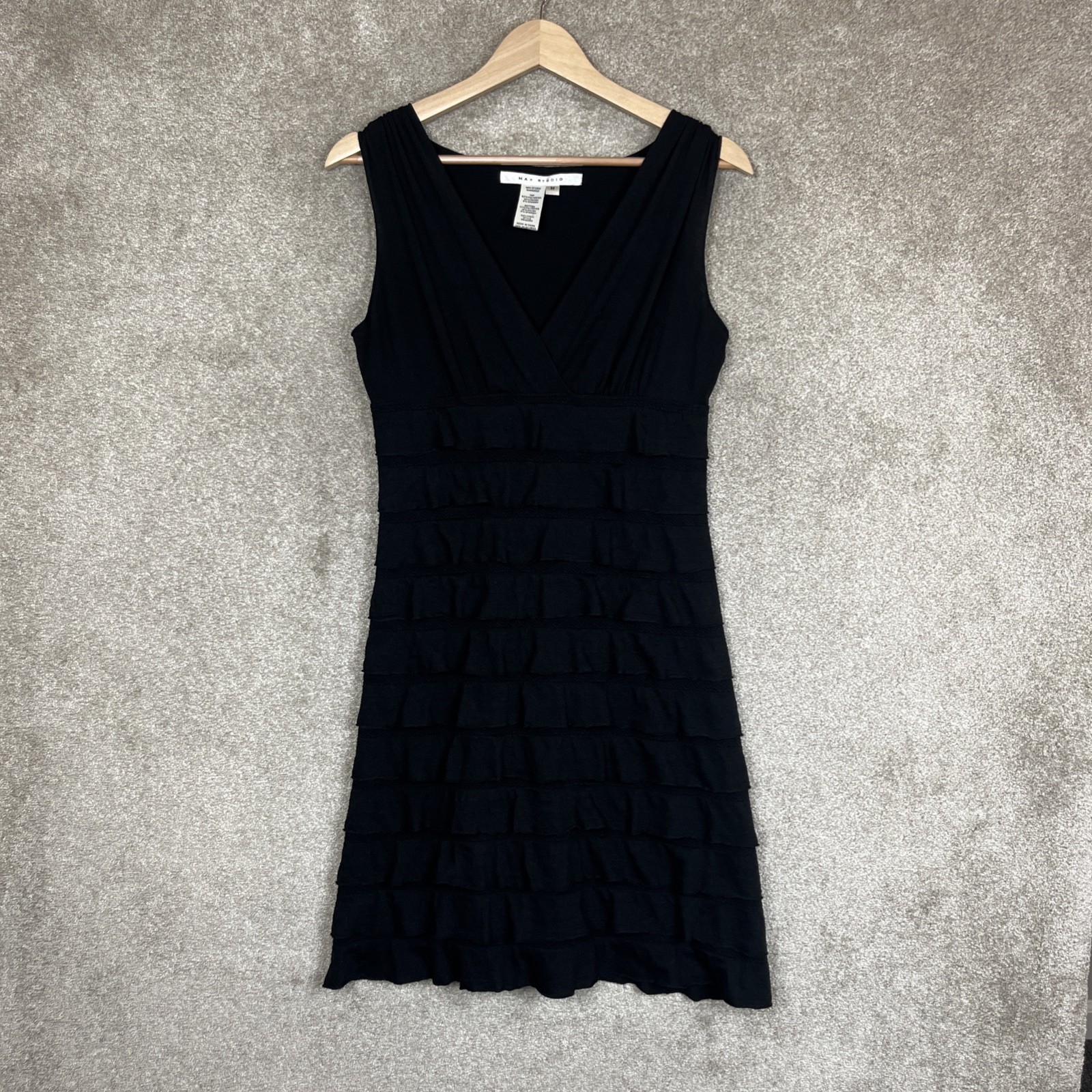 Max Studio Dress Womens Medium Black Sleeveless Stretch Layered V Neck- 4928