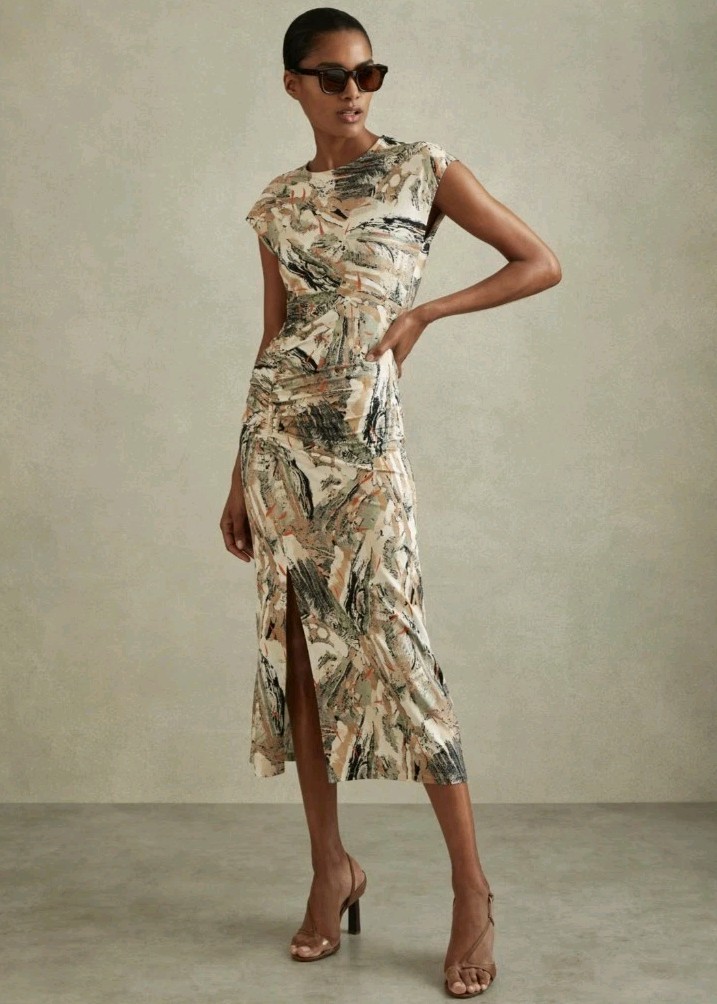 Reiss Lennia Printed Jersey Midi Dress, Cream/Multi – Size M