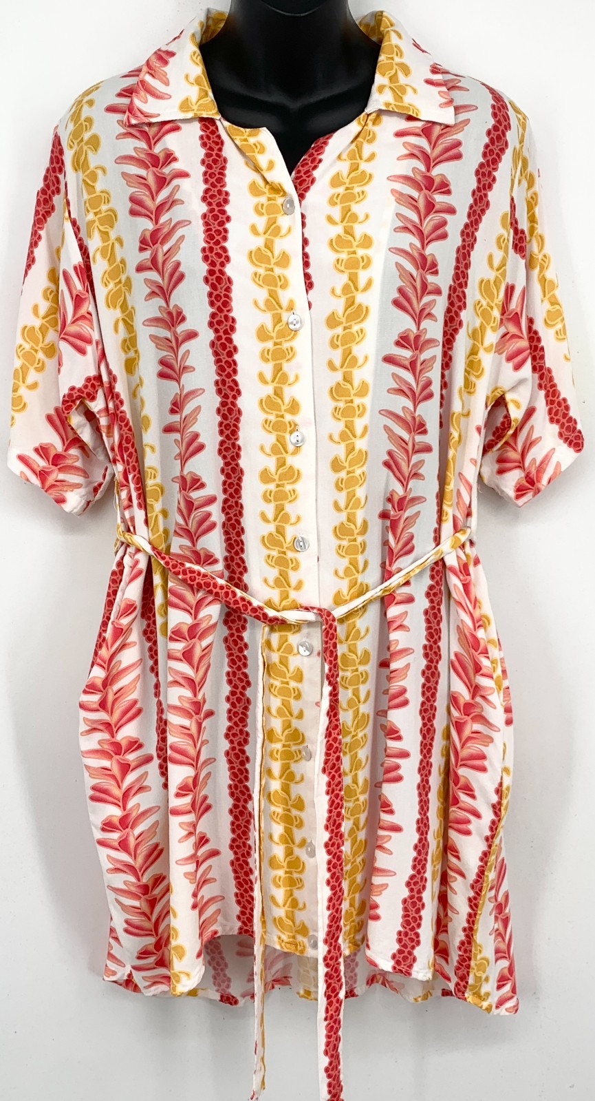 2BDesired Women Button Up Tee-Dress Small Pink Yellow White Belt Hawaiian Floral