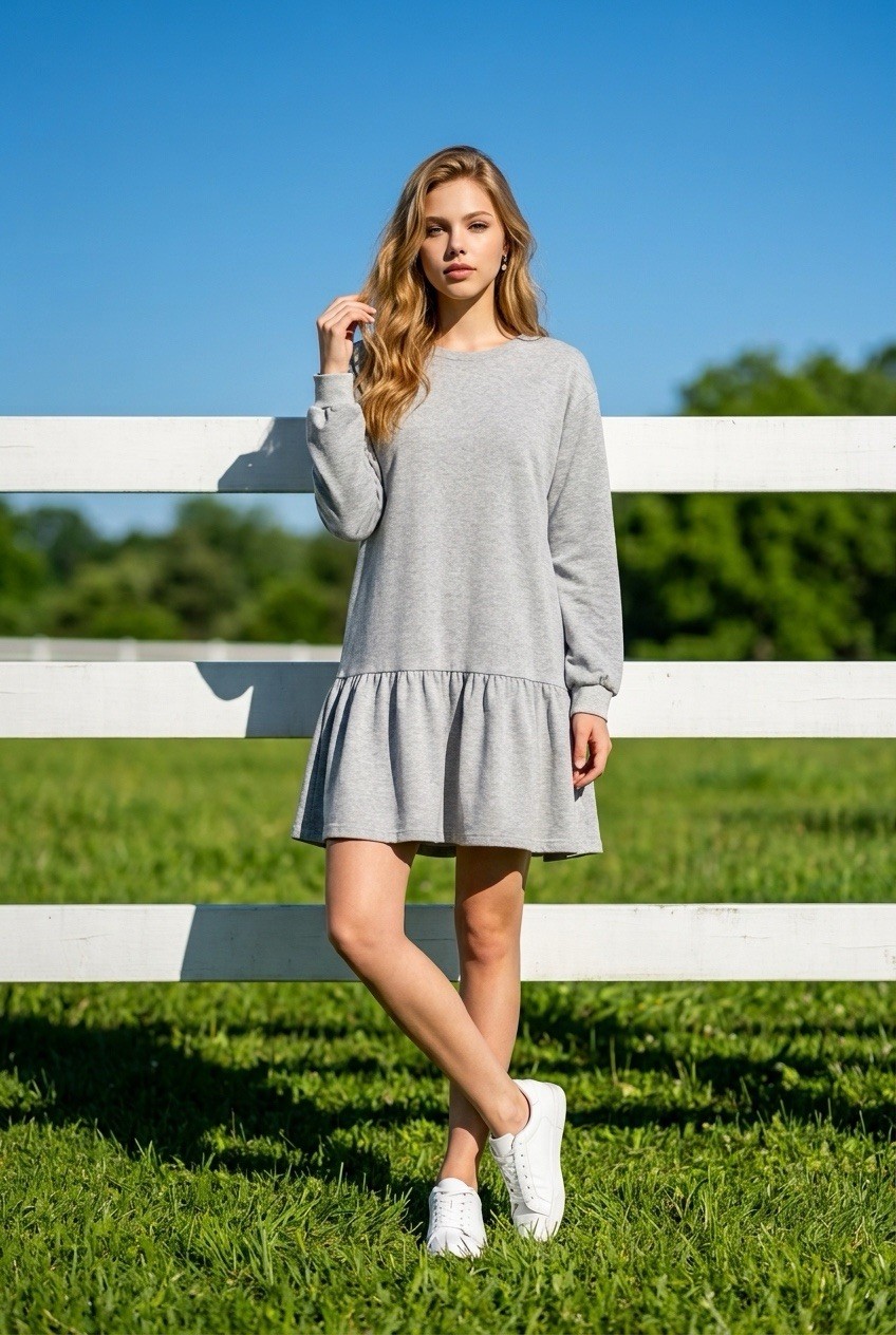 Gray Sweatshirt Dress Crewneck Ruffle Peplum Hem Long Sleeve Womens Medium NWOT