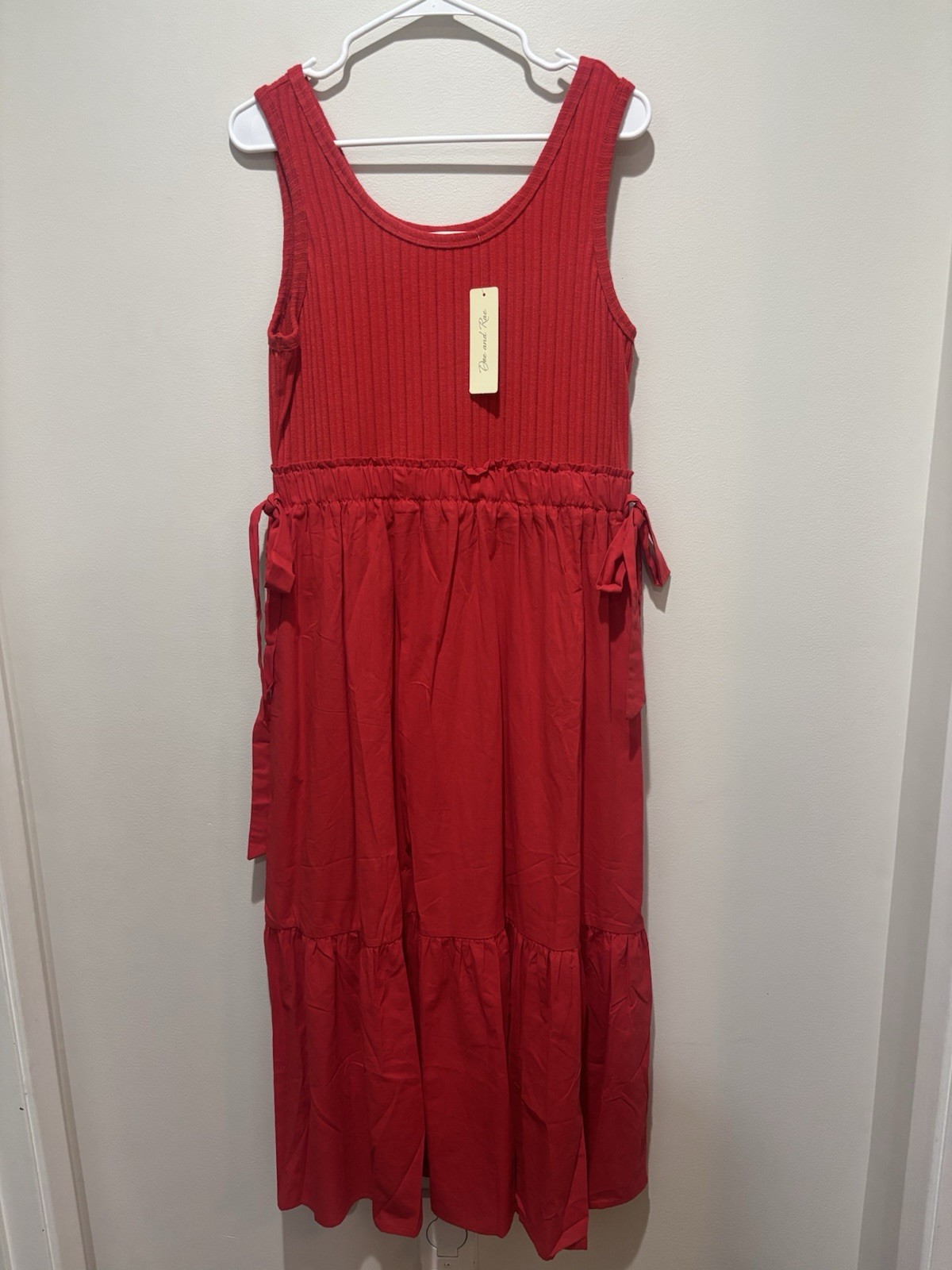 Doe & Rae Red Ribbed Tank Tiered Midi Maxi Dress 4th of July America USA Boho