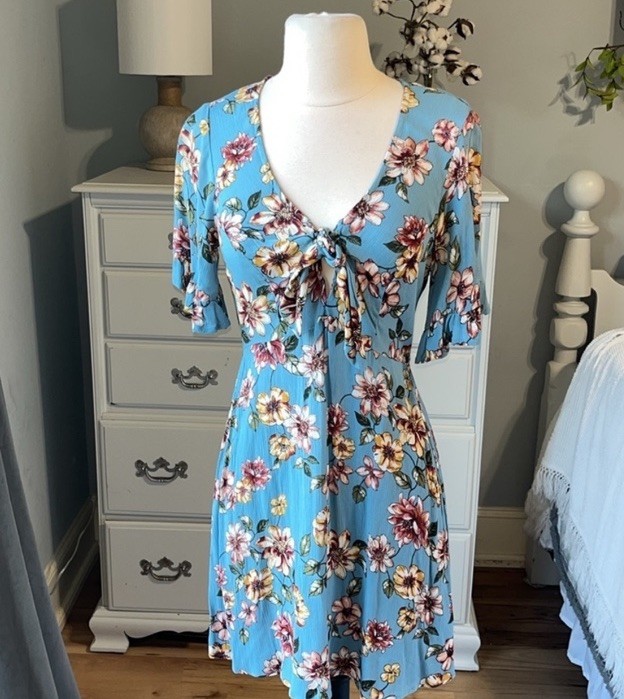 Floral Summer Romantic Dress Blue Flowy Ruffle Sleeve Womens Small Mini