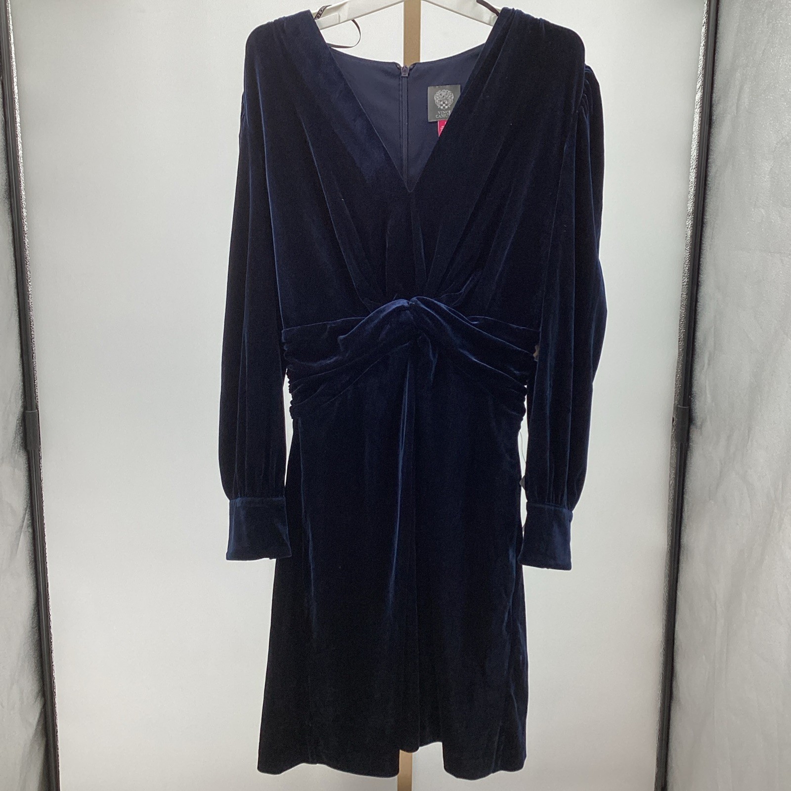 550. Vince Camuto Twist-Front Long-Sleeve Velvet Dress in Navy Blue Size 8 ~ NWT