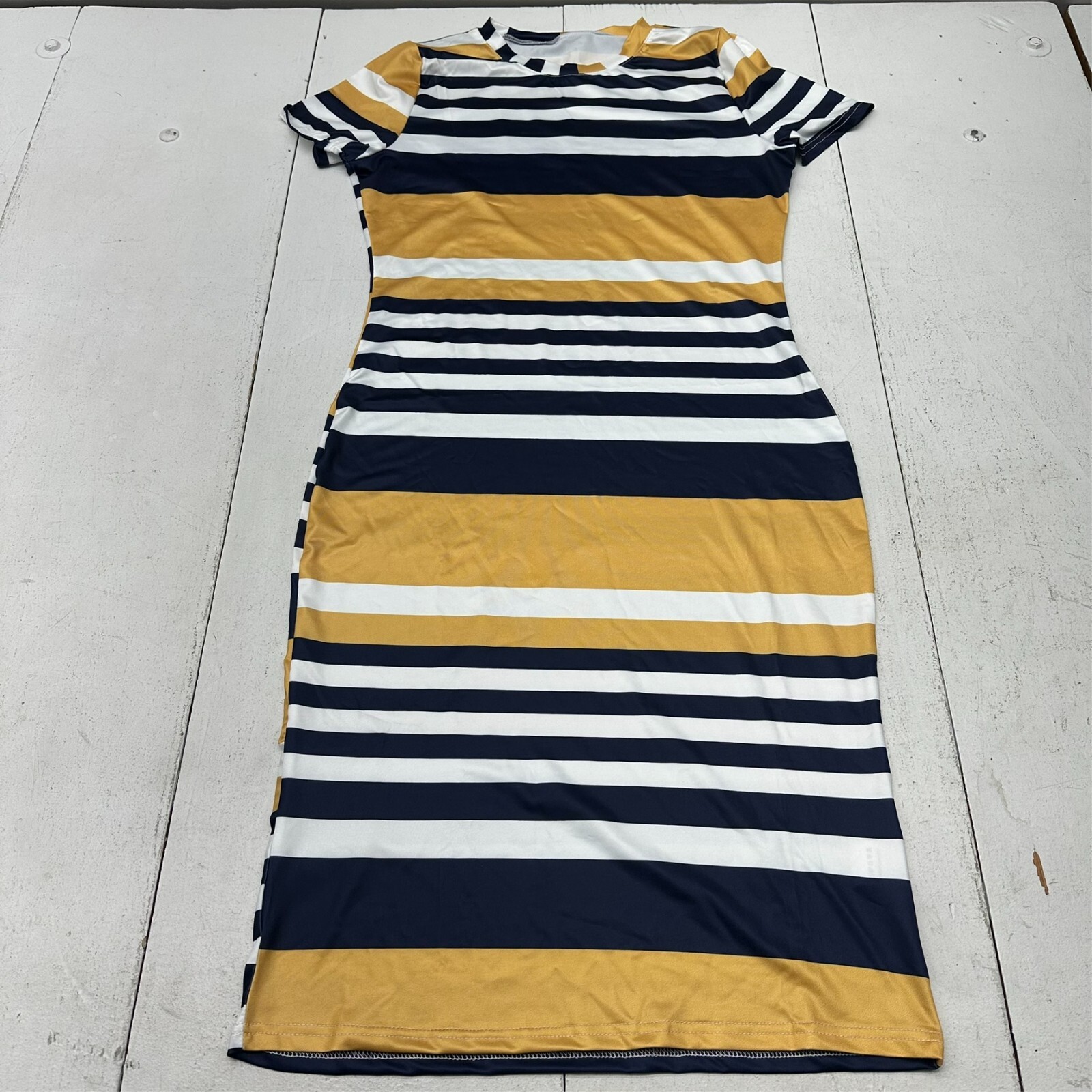 Yellow Blue White Stripe Print Short Sleeve Crew Neck Long Dress Womens Size L