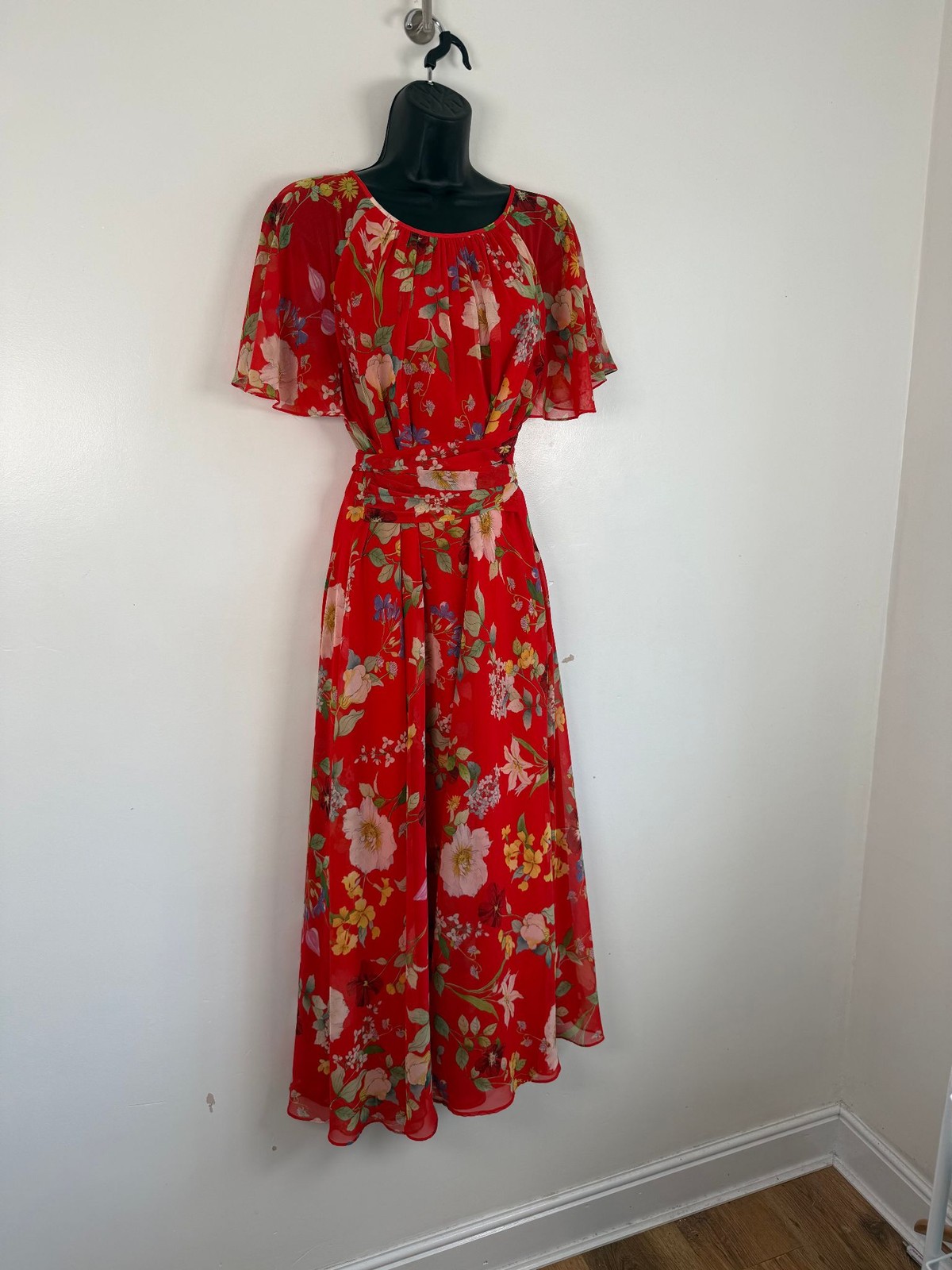 Hobbs Dress Size Uk 14 Red Midi Floral Chiffon Belt Sarah Party Cocktail Wedding