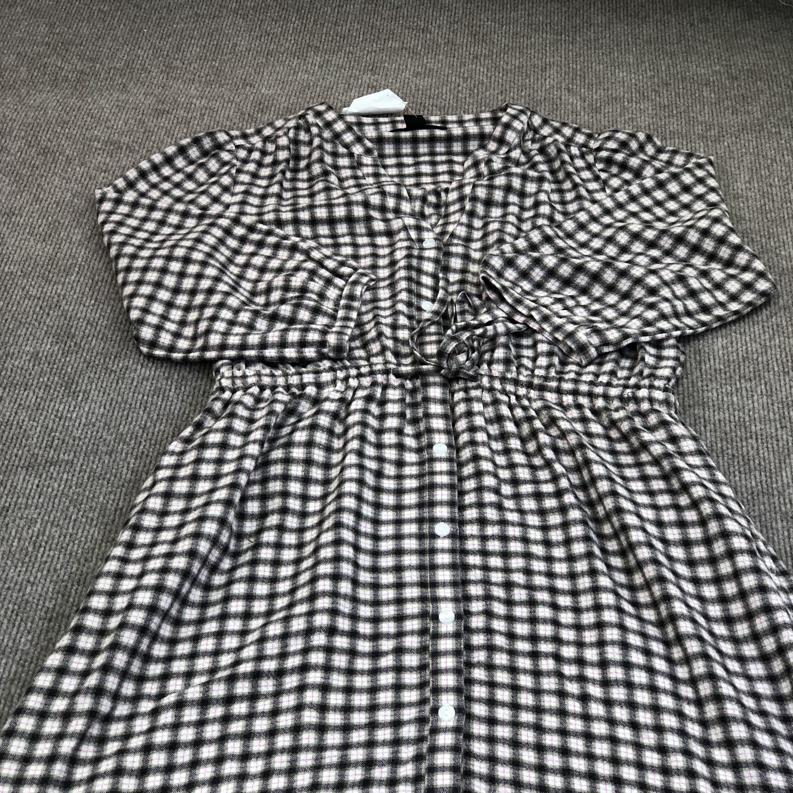 Eddie Bauer Shirt Dress Womens Small Black Plaid Button Belted 3/4 Sleeve Midi
