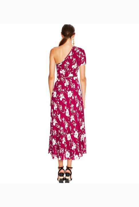 La Maison Talulah Cannes Burgundy Floral Print One Shoulder Midi Dress US 12/XL