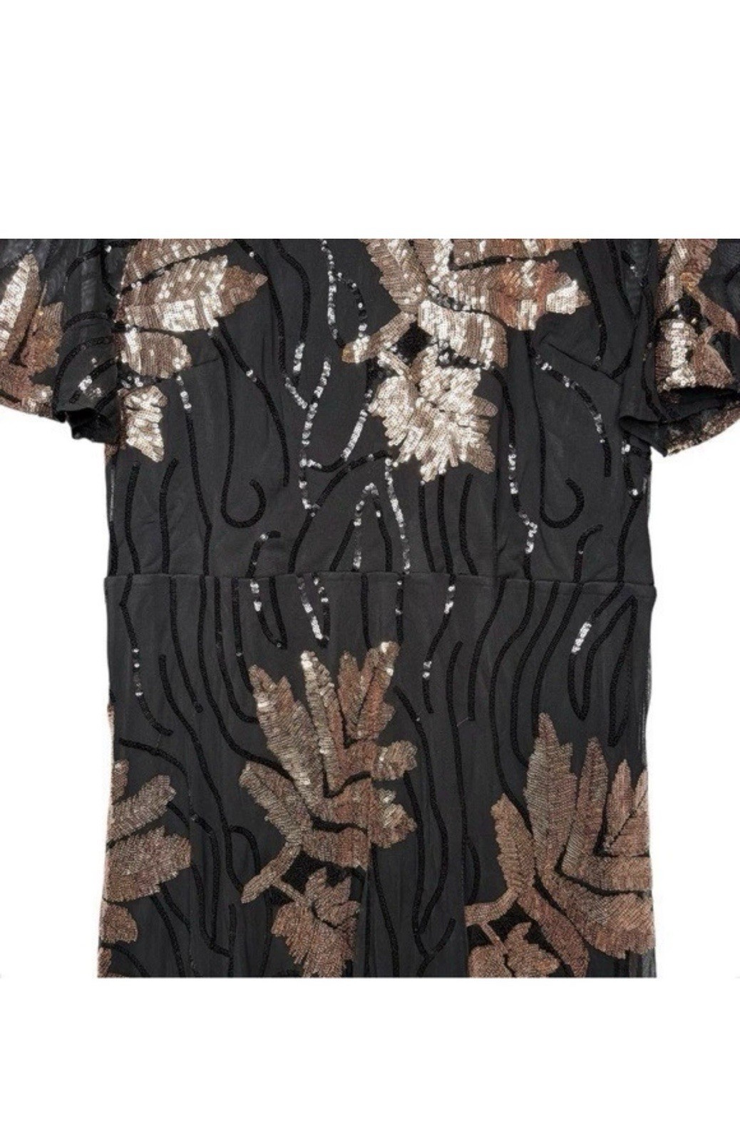 Baltic Born Sequin Floral Mesh Maxi Dress Black/Gold Flutter Sleeve Sz 3XL