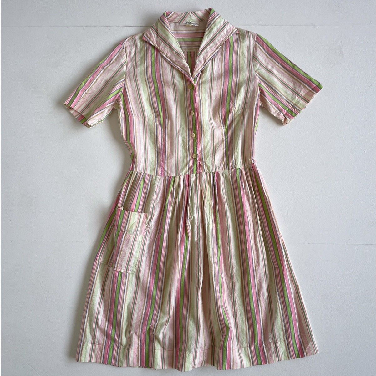 Vtg 60s Pastel Striped SHIRTWAIST Classic Collared Dress / 14 Cotton Retro Mod
