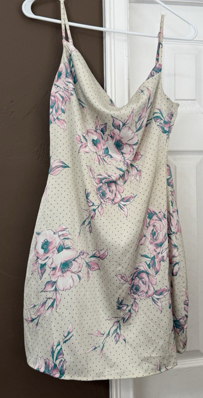 Lulus Beige Floral Cowl Neck Slip Mini Dress Adjustable Straps Zip Women’s S