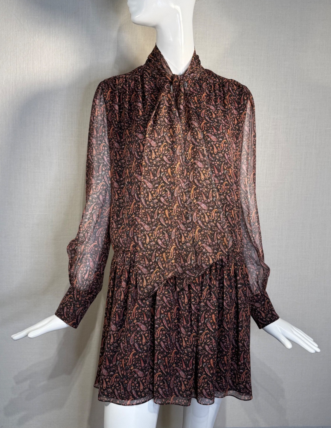 2015 Saint Laurent by HEDI SLIMANE Paisley Silk Chiffon Mini Dress FR40, Resort