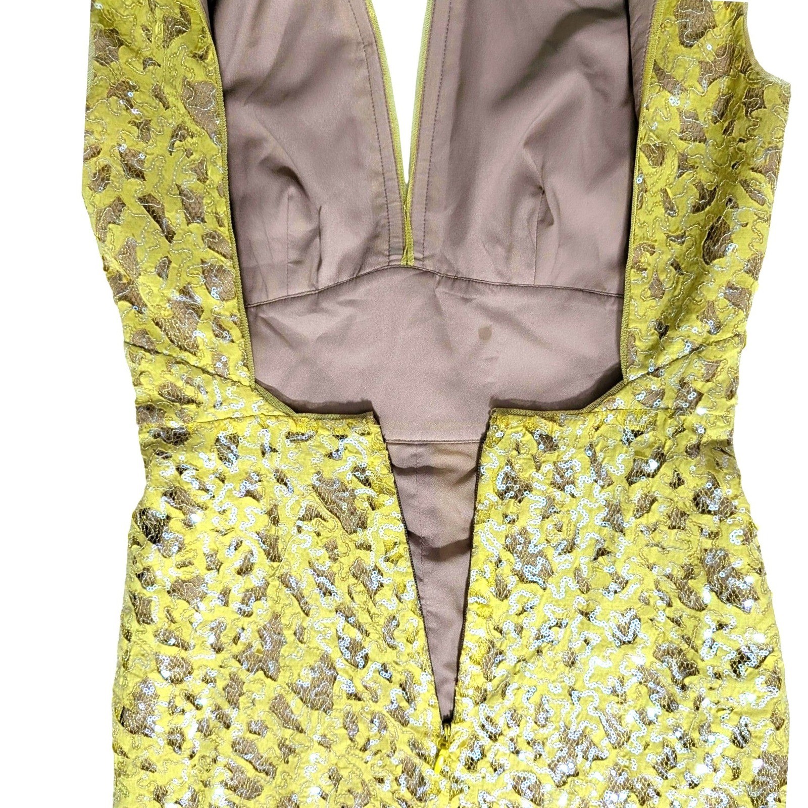 BCBGMAXAZRIA Yellow Sequin Lace Cain Mini Dress Open Back Glam Size 2