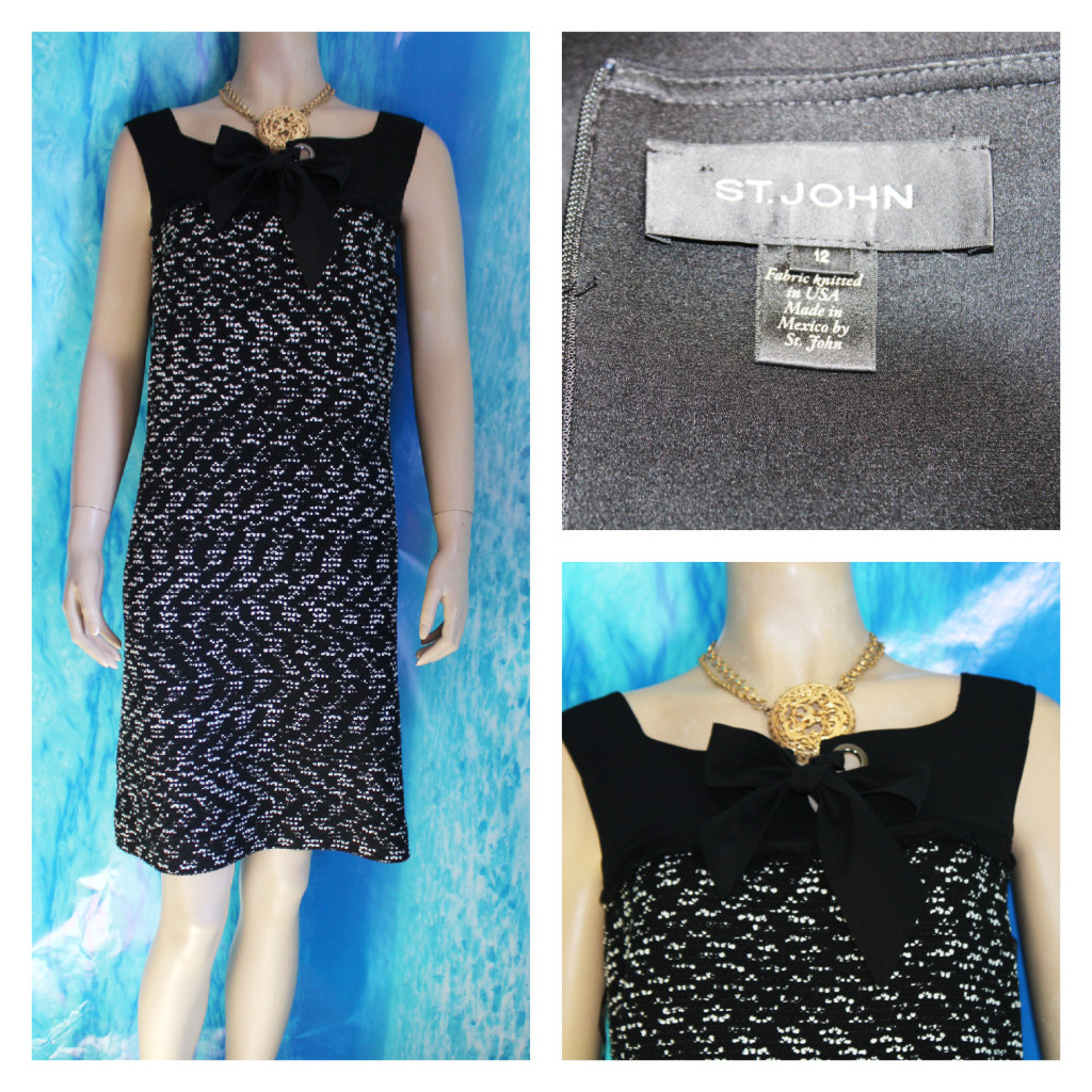 ST. JOHN Knits Black White Dress L 12 10 Sleeveless Sheath Fabric Trim