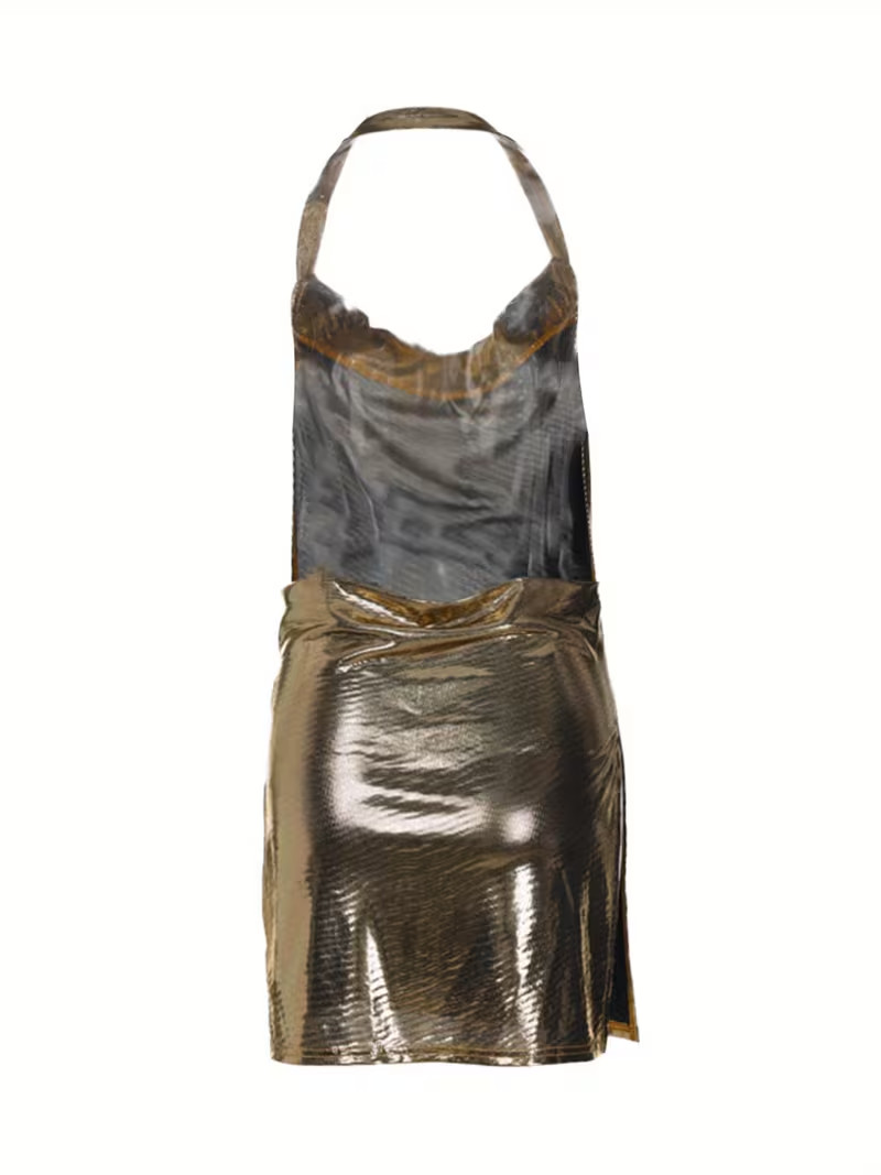 Small Gold Sequin Glitter Bodycon Backless Side Cuts. Glamorous Sexy Halter!