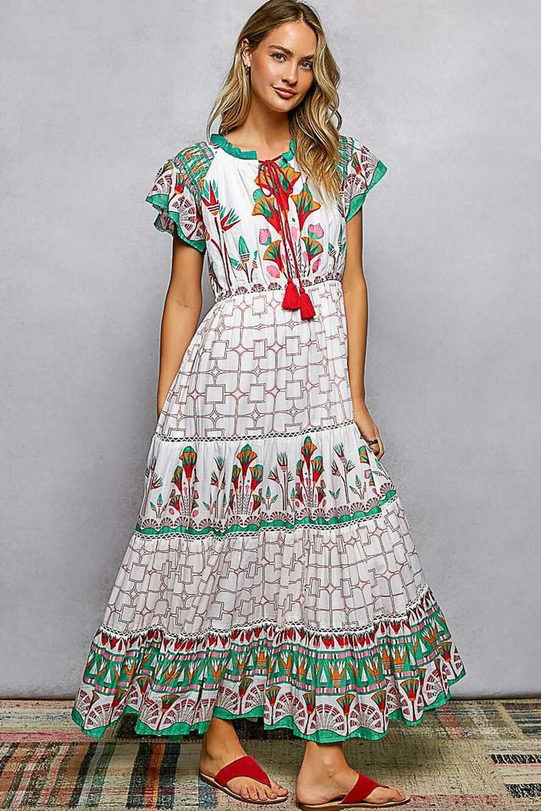 POL Mixed Print Midi Dress in Ivory Multi