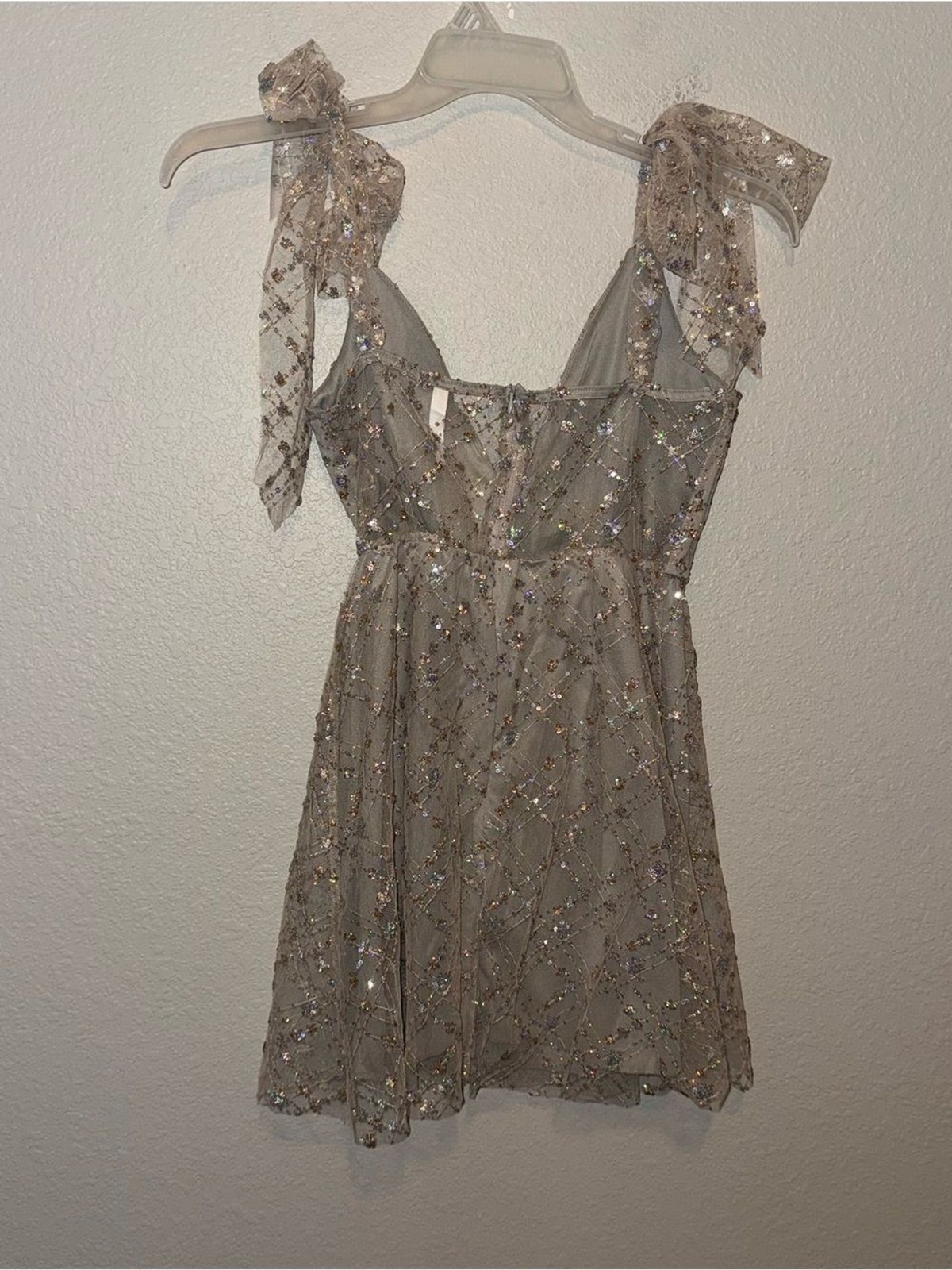 Lucy in the Sky Sequin Tulle Bow Strap A-Line Mini Dress Size L Party Cocktail