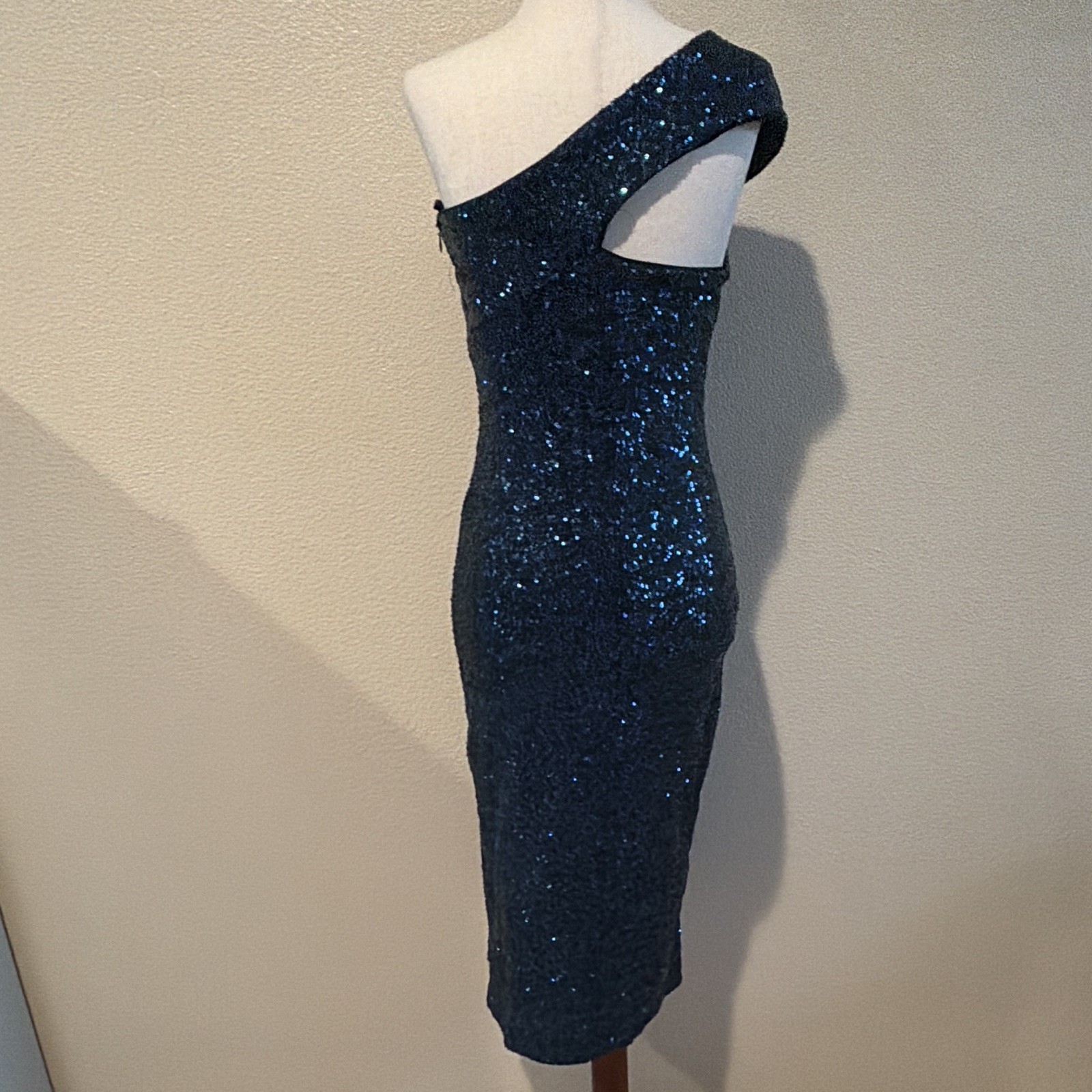 Allen Schwartz Blue Sequin One-Shoulder Bodycon Midi Dress Lined Slit Zip S