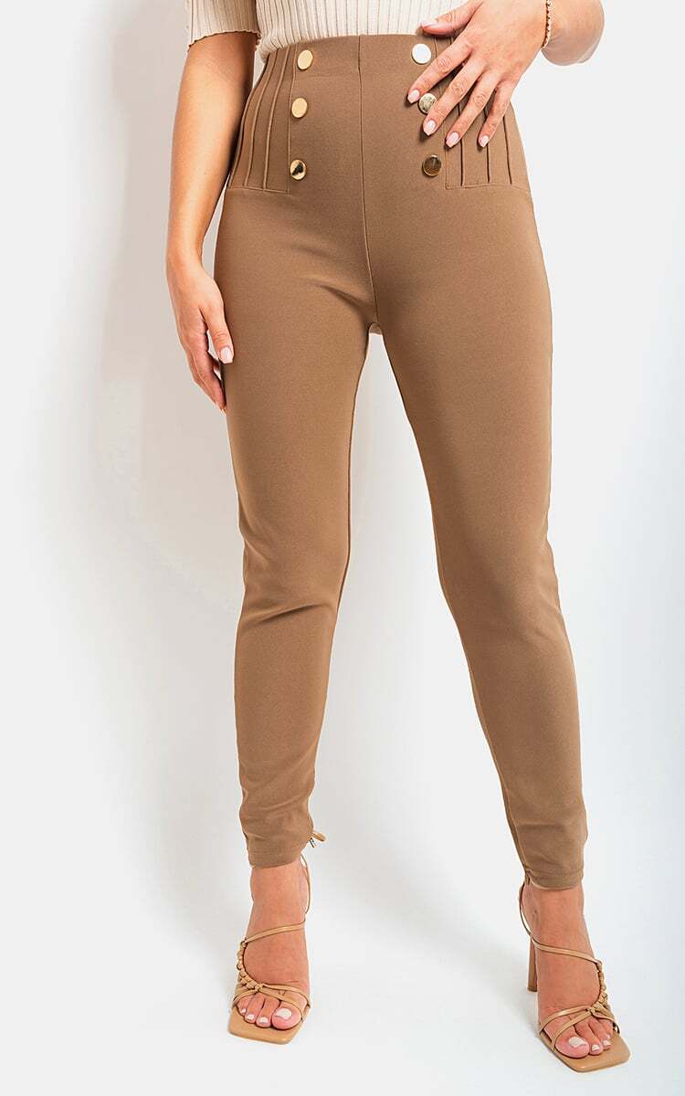 Womens Trousers High Waisted Button Detail Casual Stretch Full length Pants