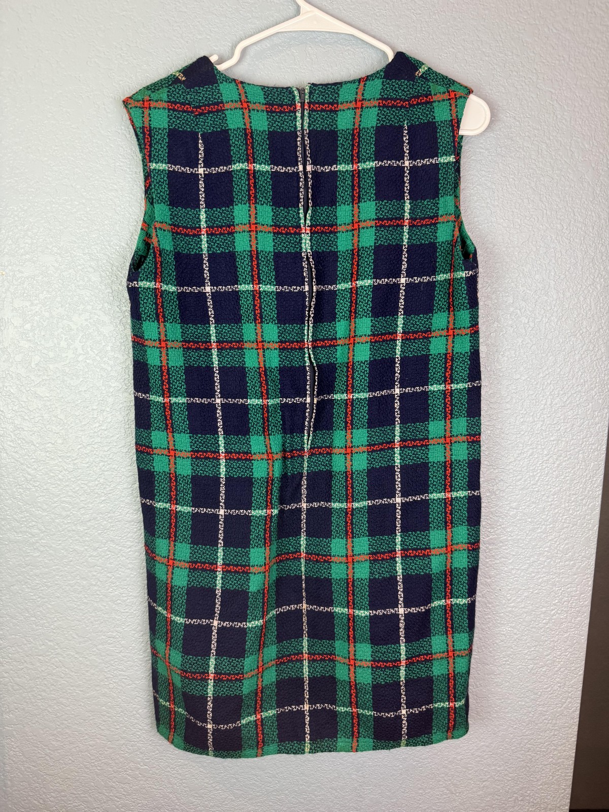 Vintage Plaid Dress Womens Medium Green Blue Sleeveless Mod Style Lined 60s 70s
